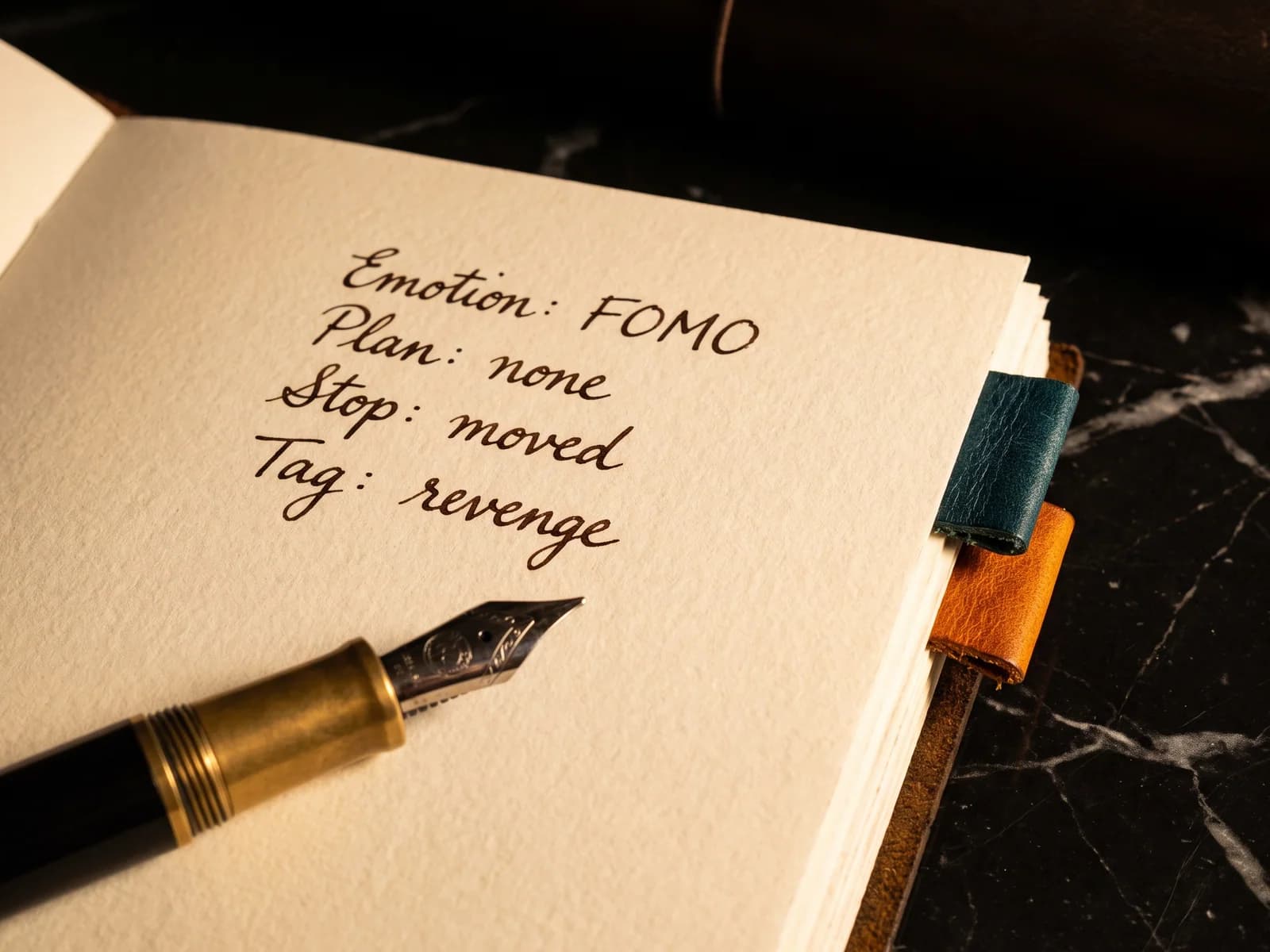 A journal page with the handwritten lines Emotion: FOMO, Plan: none, Stop: moved, Tag: revenge